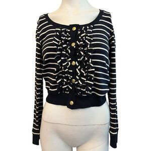 Ladies Medium Button Cropped Cardigan Sweater Striped Blue White Ruffle Nautical